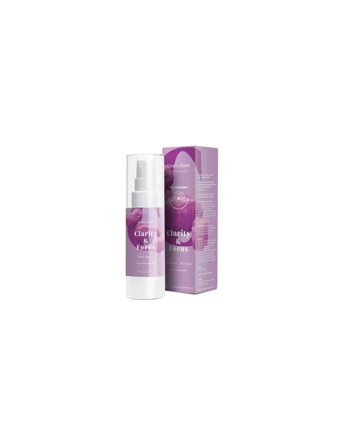 Igel-Stachelbart-Mundspray mit Ashwagandha, 30 ml – Foodsporen – Flasche und Schachtel
