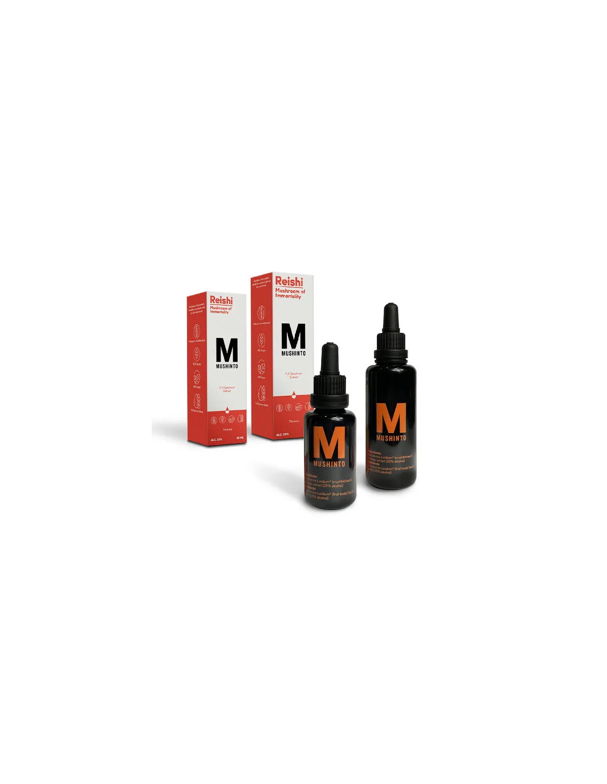 Reishi-Tinktur (Ganoderma lucidum) – Mushinto – Flaschen mit 30 ml und 50 ml mit Schachteln