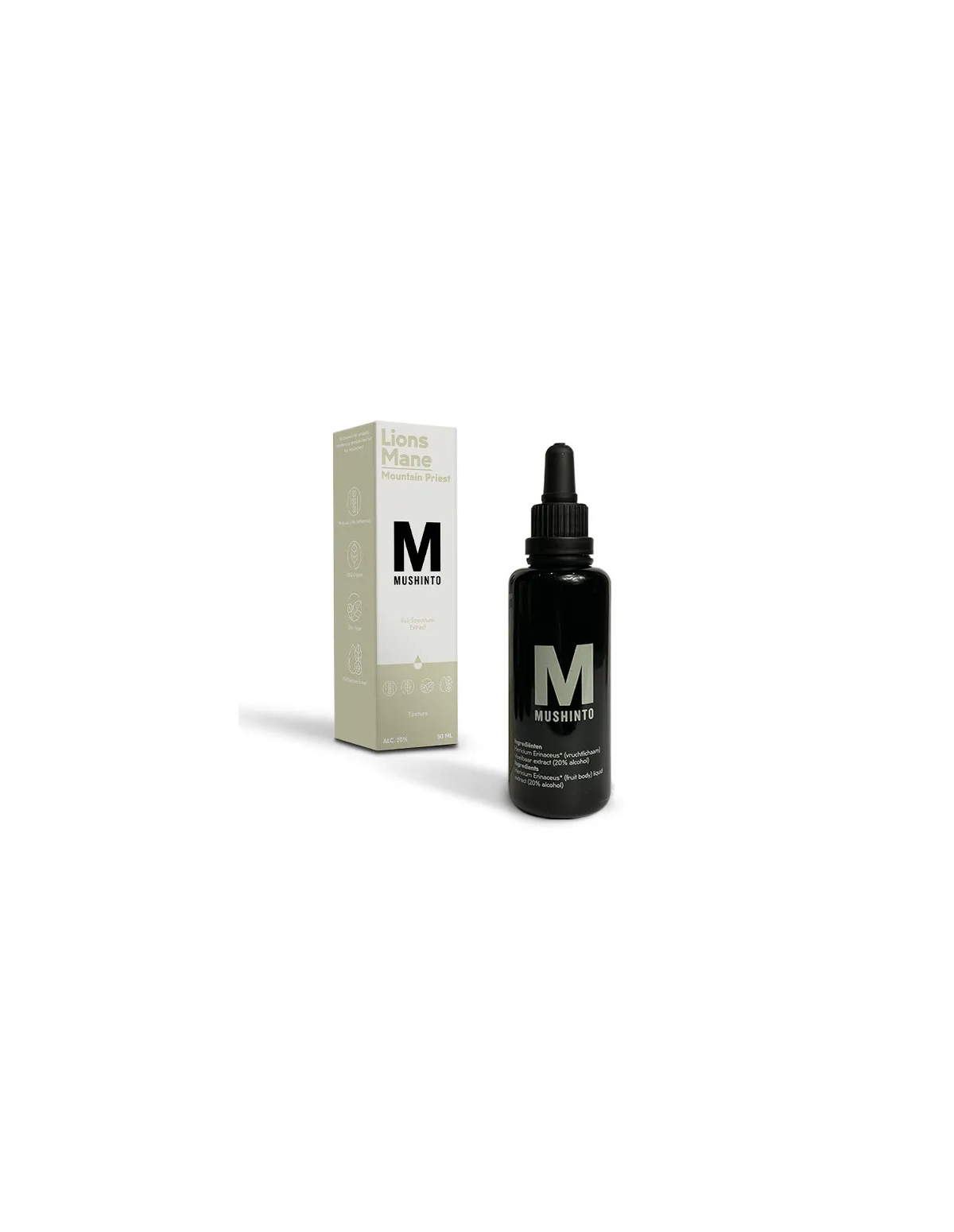 Igel-Stachelbart-Tinktur (Hericium erinaceus) – Mushinto – 50-ml-Flasche und Schachtel