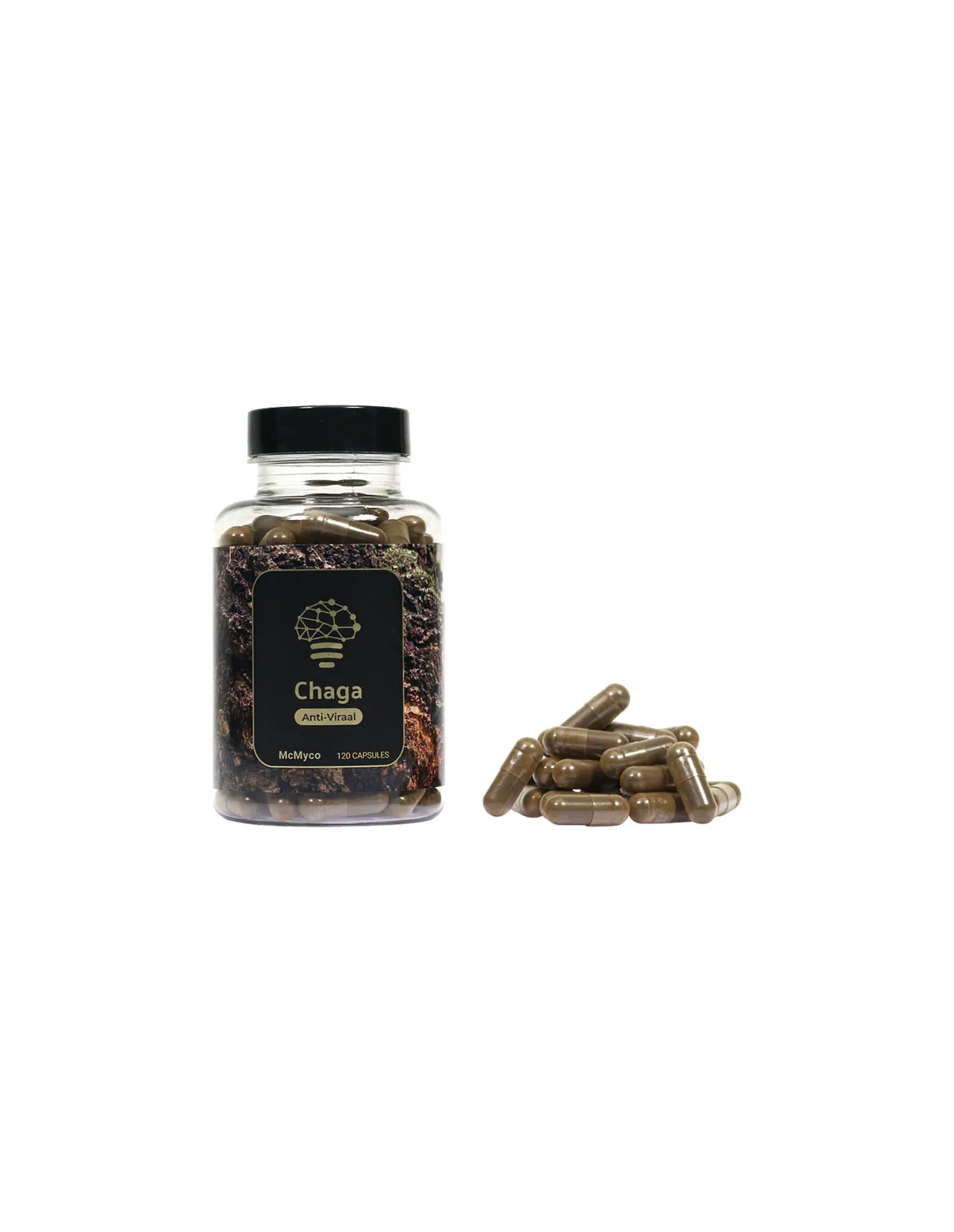 Chaga (Inonotus obliquus) – McMyco, 120 Kapseln – Dose und lose dunkelbraune Kapseln